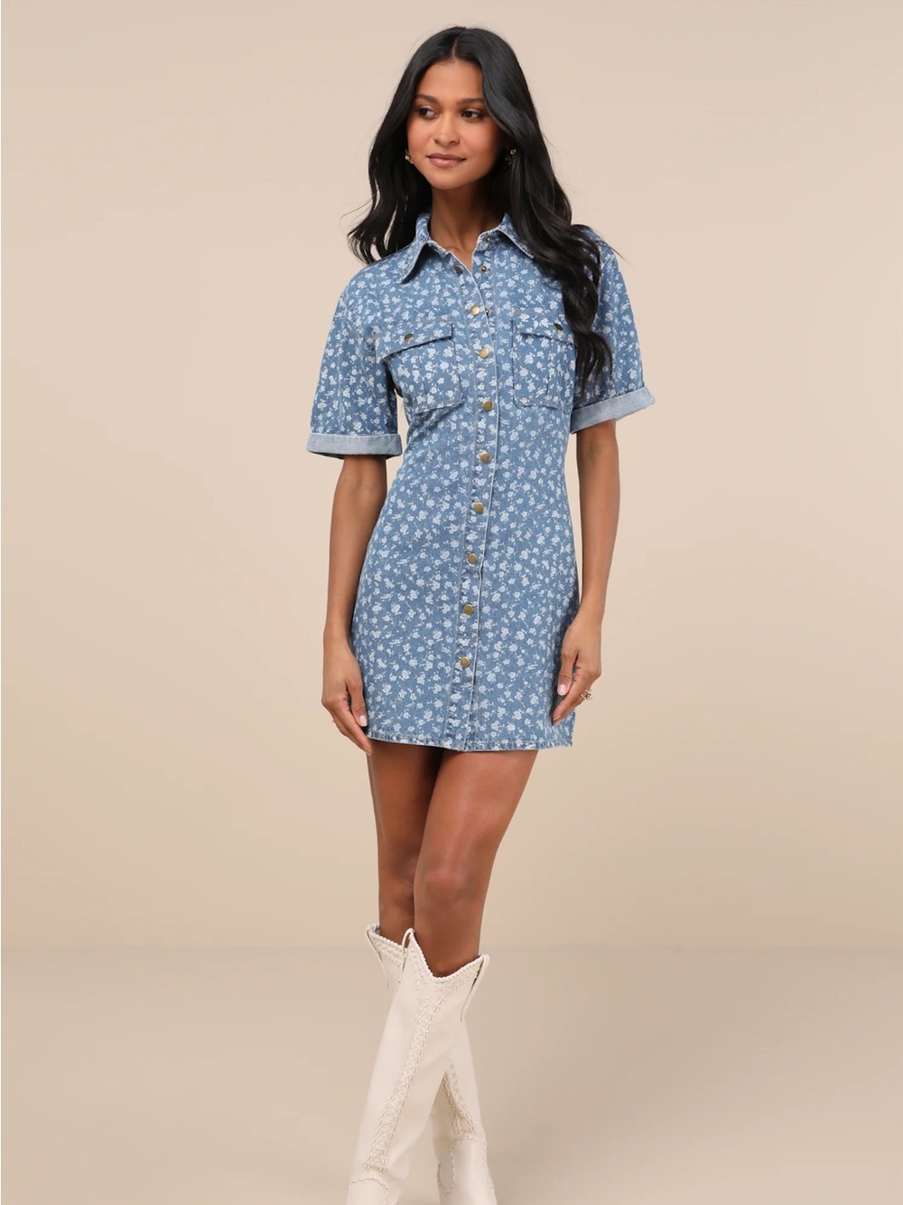 NWT! Lulu's Renske Light Wash Floral Print Denim Mini Dress. Womens XS